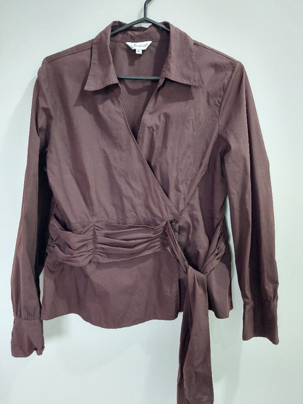 Jessica Women's XL wrap blouse long sleeves cinched tie-side waist Cotton